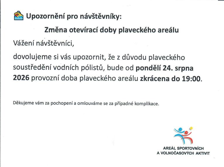 Změna provozní doby plaveckého areálu